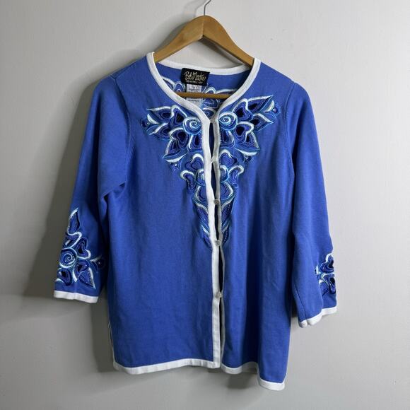 BOB MACKIE Wearable Art Blue Embroidered Cardigan Sweater Cutout Floral Granny S - Picture 3 of 16